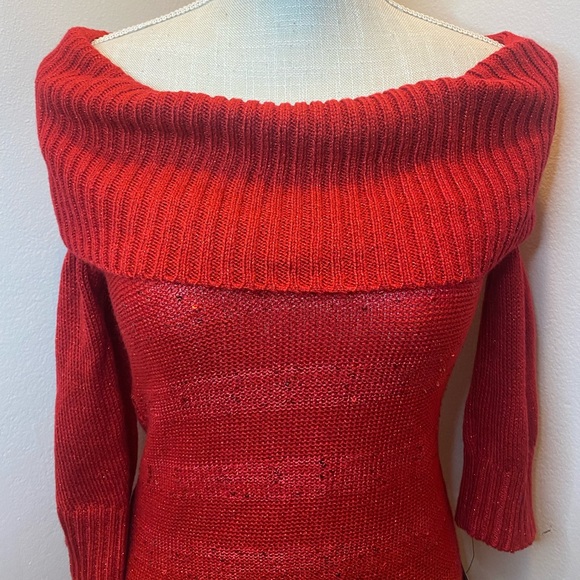 BCX Red Sparkle Off-the-Shoulder Sweater - Picture 2 of 7